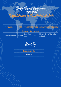 Congratulations to the Selected Student for Study Abroad Programme Spring 2026!