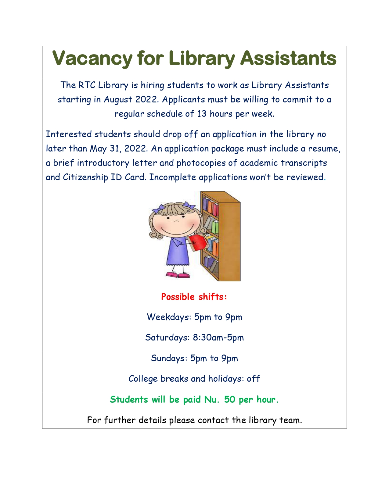 Vacancy for Library Assistants page